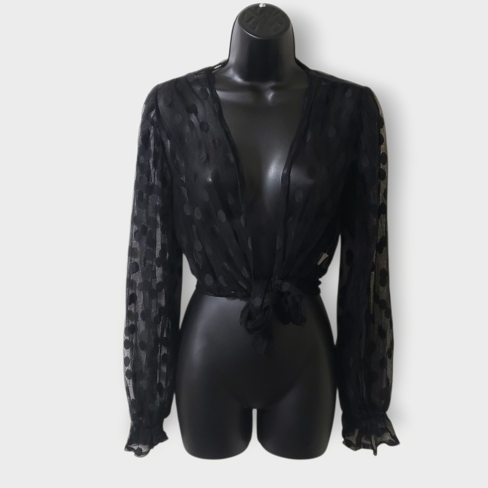 Ember Black Polka Dot Sheer Mesh Tie Front Crop Top Long Sleeve Sz Medium